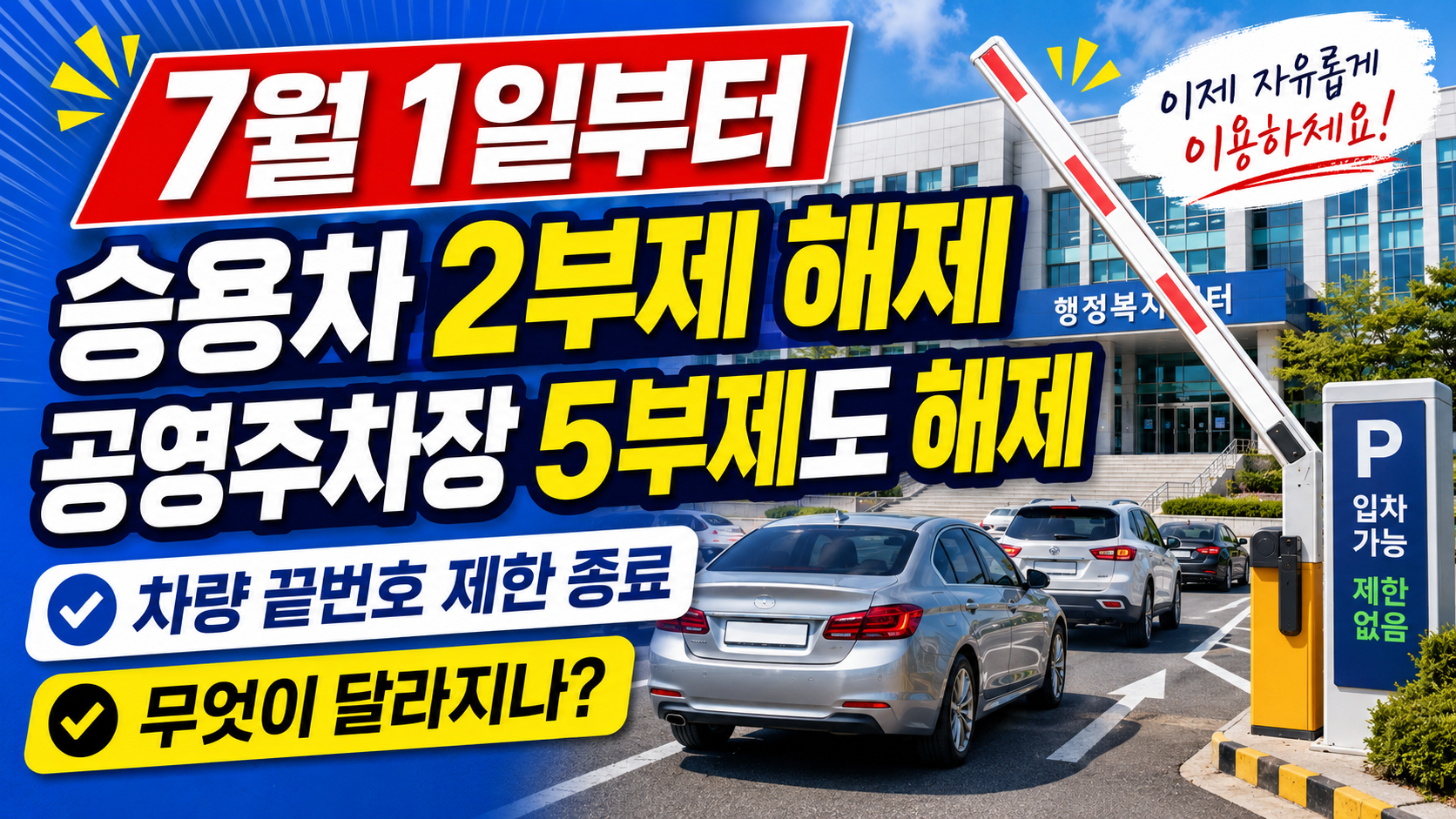 2026년 7월 1일부터 공공기관 승용차 2부제와 공영주차장 5부제가 해제되는 내용을 안내하는 차량 정책 정보 이미지