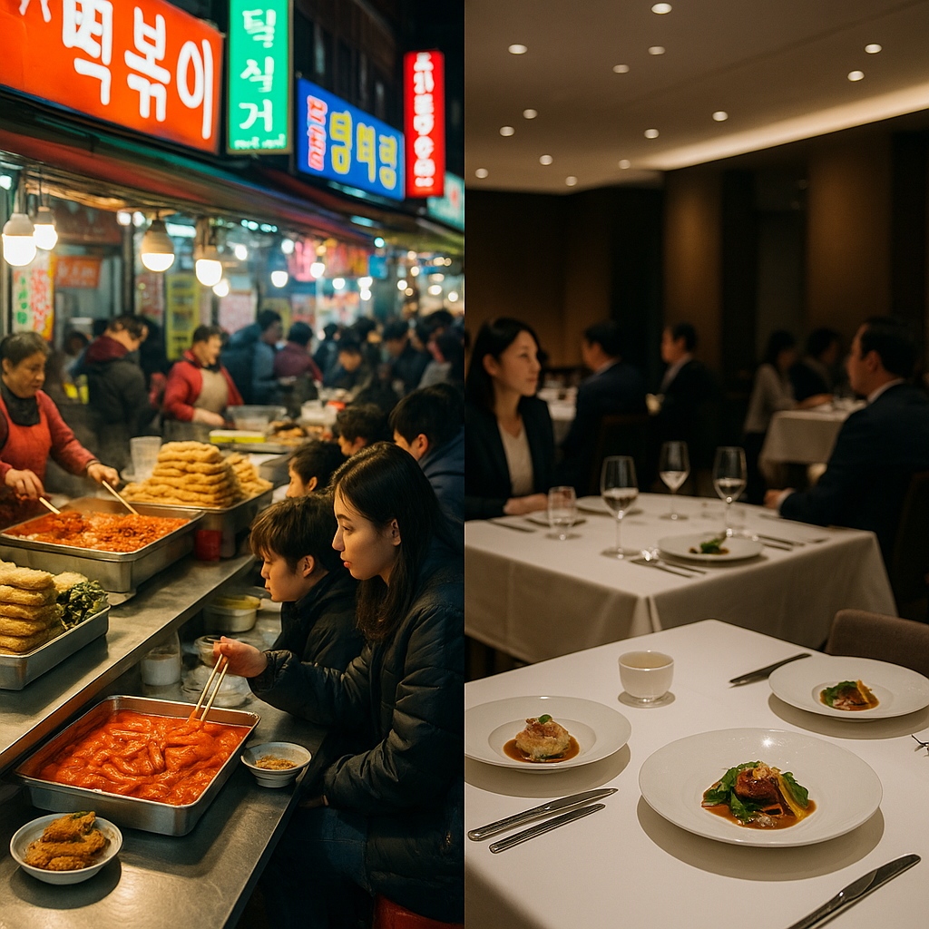 왼쪽에는 네온사인 아래서 떡볶이와 빈대떡을 즐기는 활기찬 길거리 음식 장면이, 오른쪽에는 정갈한 플레이팅의 고급 한식 레스토랑 다이닝 풍경