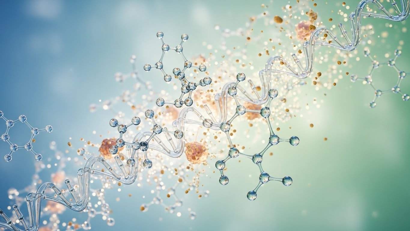 분자 구조와-천연-추출물-입자가-부드러운-빛-속에-떠-있는-모습입니다.