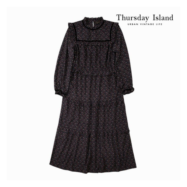 써스데이아일랜드 여성 요크 벨벳 프릴 롱 원피스 T208MOP232W