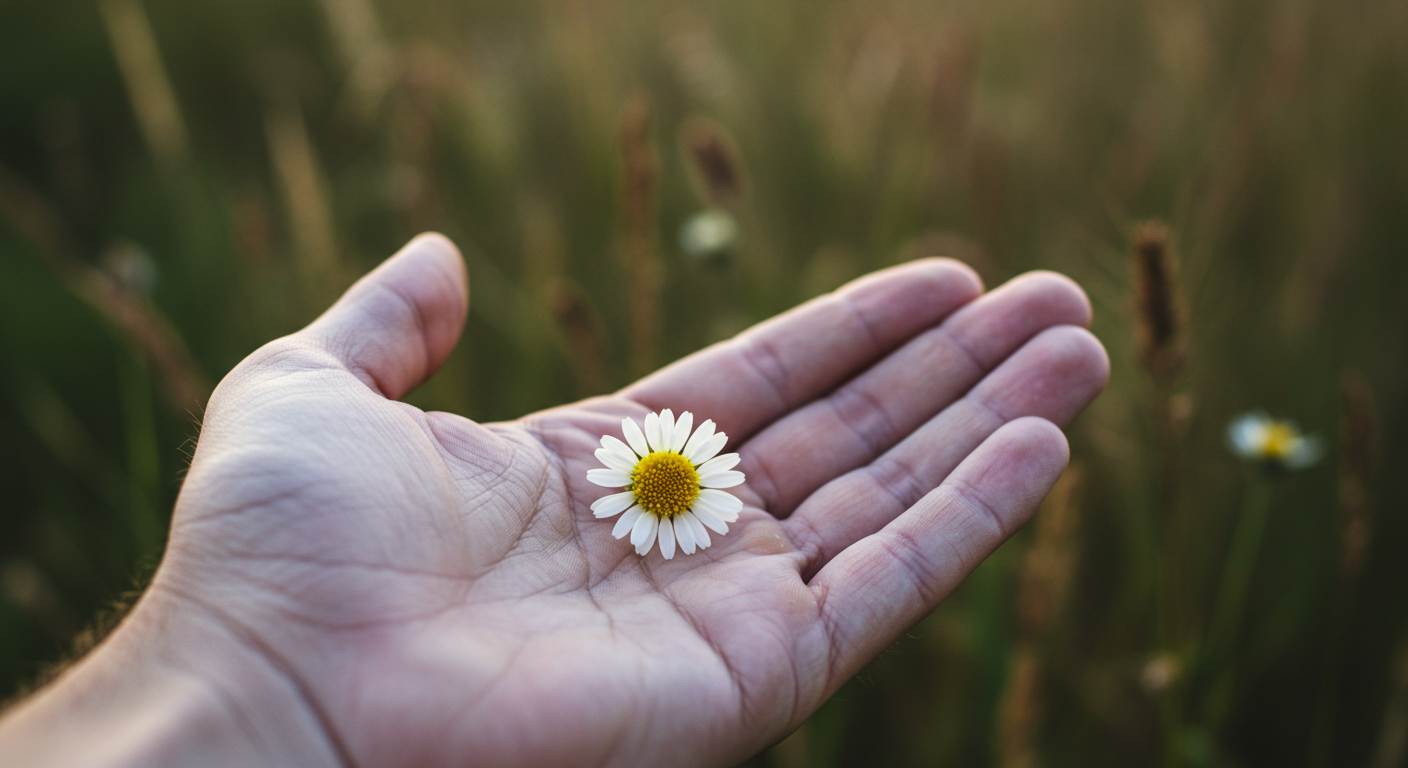 들꽃을 손에 얹은 이미지, 일상 속 작고 사소한 기쁨을 상징