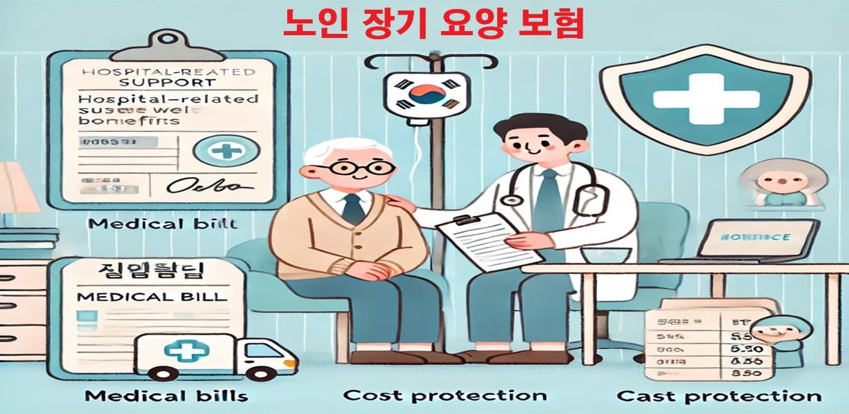 2025년 병원비 지원 및 노인장기요양보험 혜택을 받는 어르신 – 병원 진료와 간병 서비스가 표현된 이미지