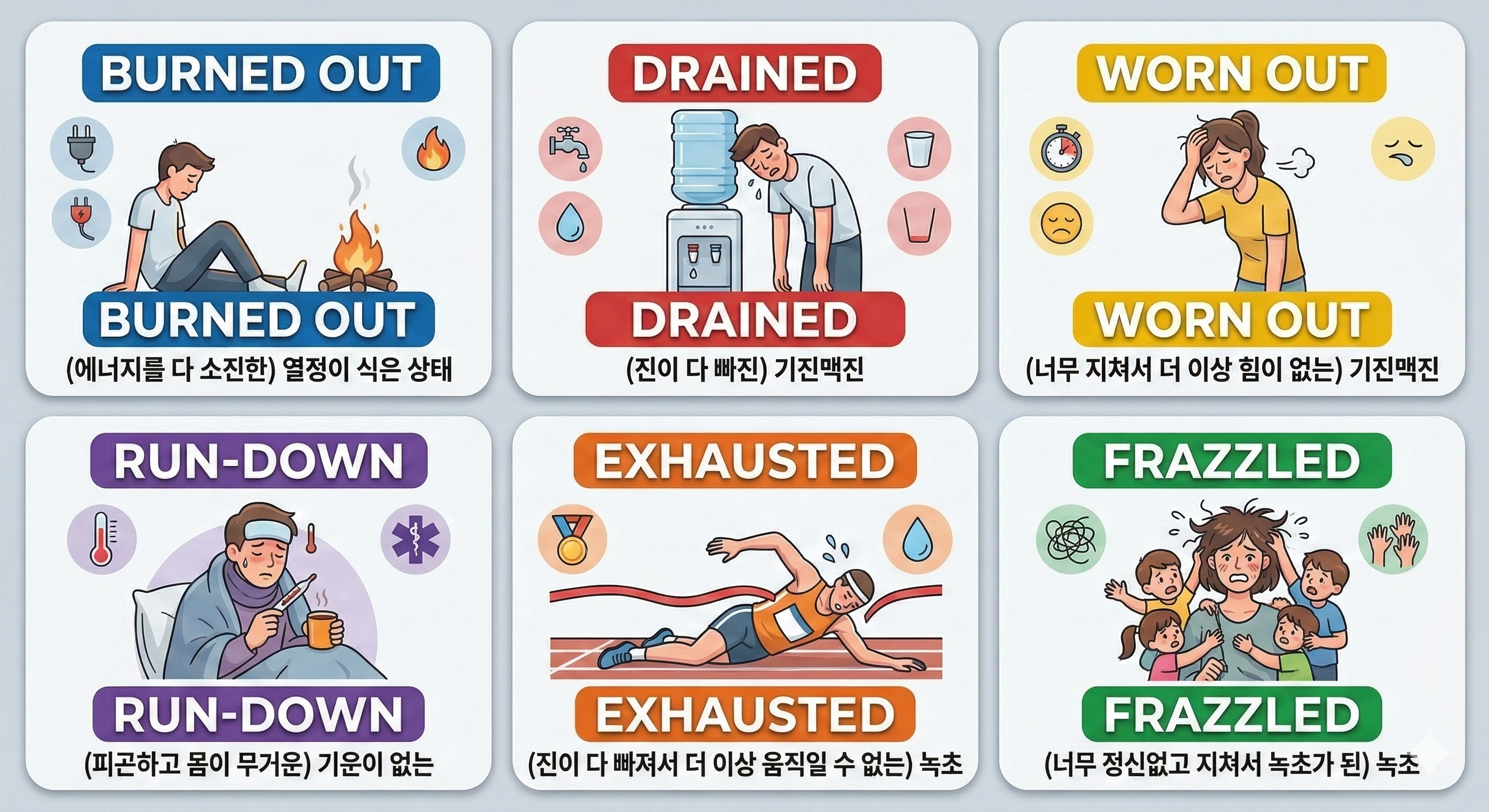 번아웃된 진이빠진 매우지친 피곤하고기운없는 기진맥진한 녹초가된 등 지침을 활용한 다양한 영어 표현의 차이를 설명하는 인포그래픽 이미지