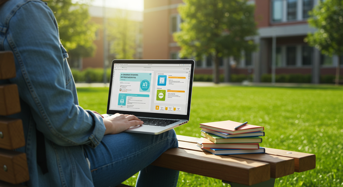 한 대학생이 캠퍼스 안 잔디 위 벤치에 앉아 노트북을 보고 있다