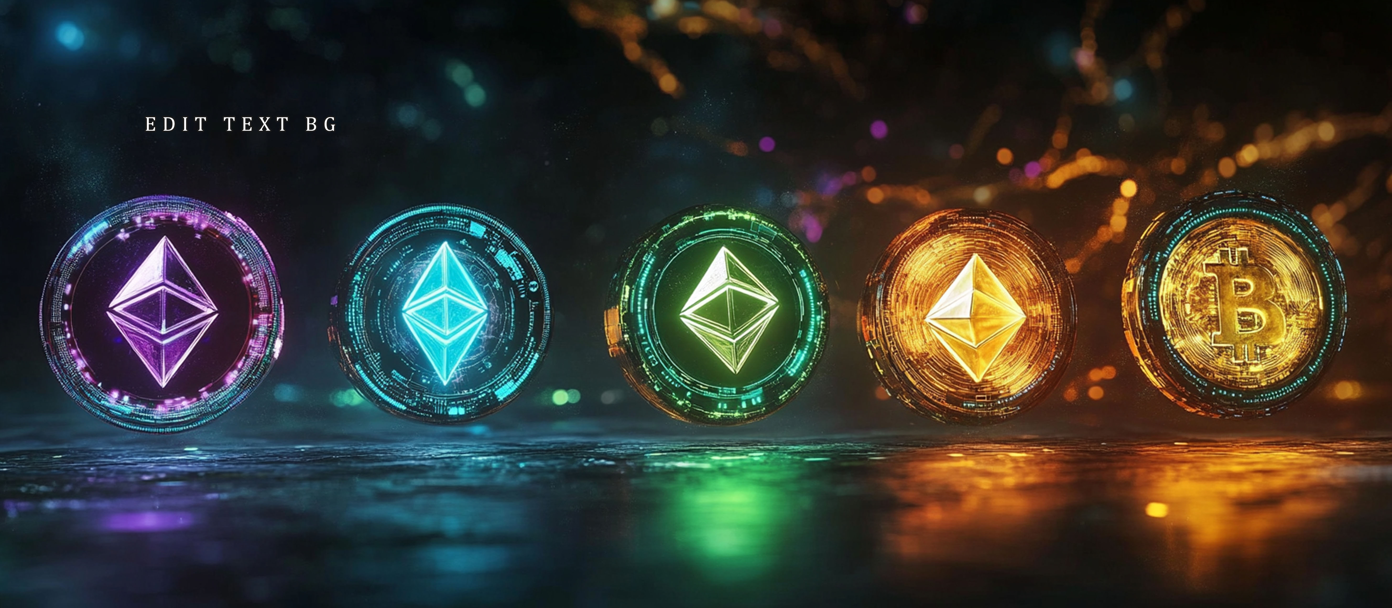 네온빛으로 빛나는 이더리움과 비트코인 등 5개 암호화폐 코인의 3D 렌더링 이미지