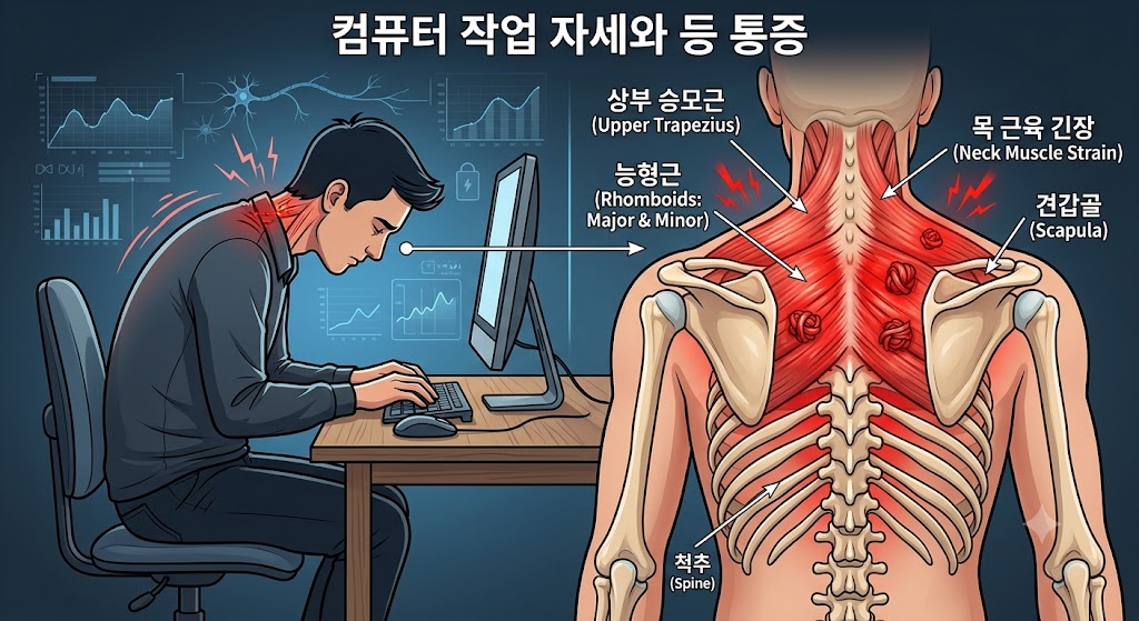 Illustration of a person with poor posture showing tension and myofascial pain in the upper back and rhomboid muscles.