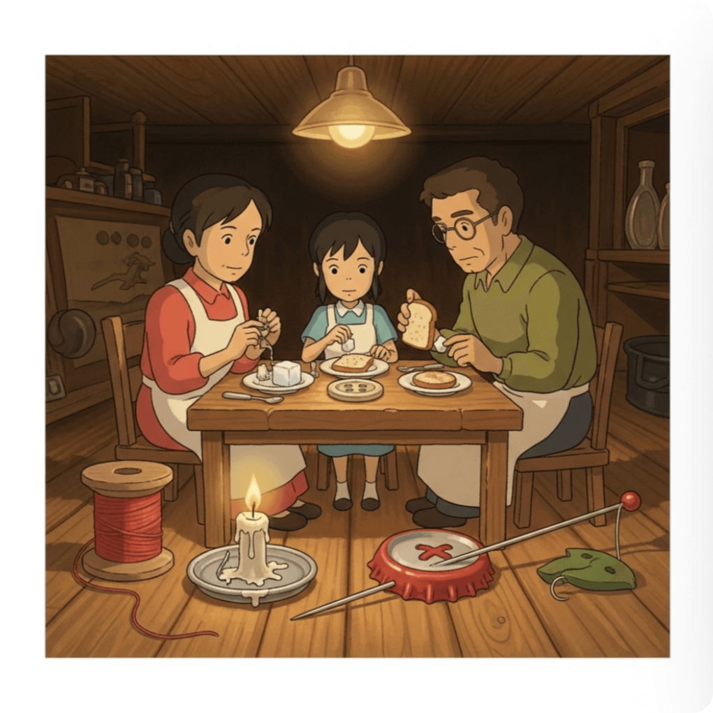 alt="붉은 원피스를 입은 아리에티가 부모와 함께 작은 식탁에 앉아, 설탕 조각과 빵 부스러기 같은 미니어처 요리를 나누는 장면. 따뜻한 조명 아래 절제된 식탁과 재활용된 생활 도구들이 조화를 이루는 미학적인 공간."