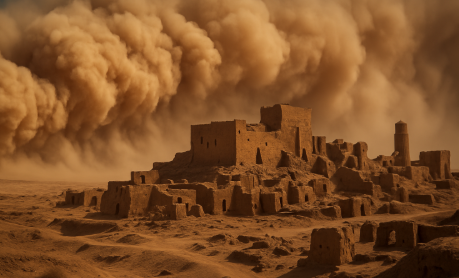 모래폭풍에 의해 지형이 침식되어 문명이 지워지는 모습