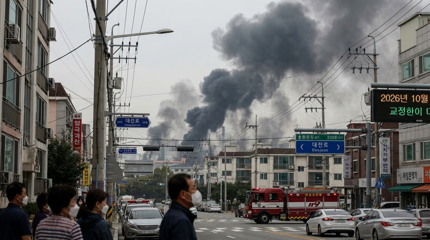 2026년 대전 화재 현장에서 발생한 검은 연기가 인근 주거 지역으로 확산되는 모습