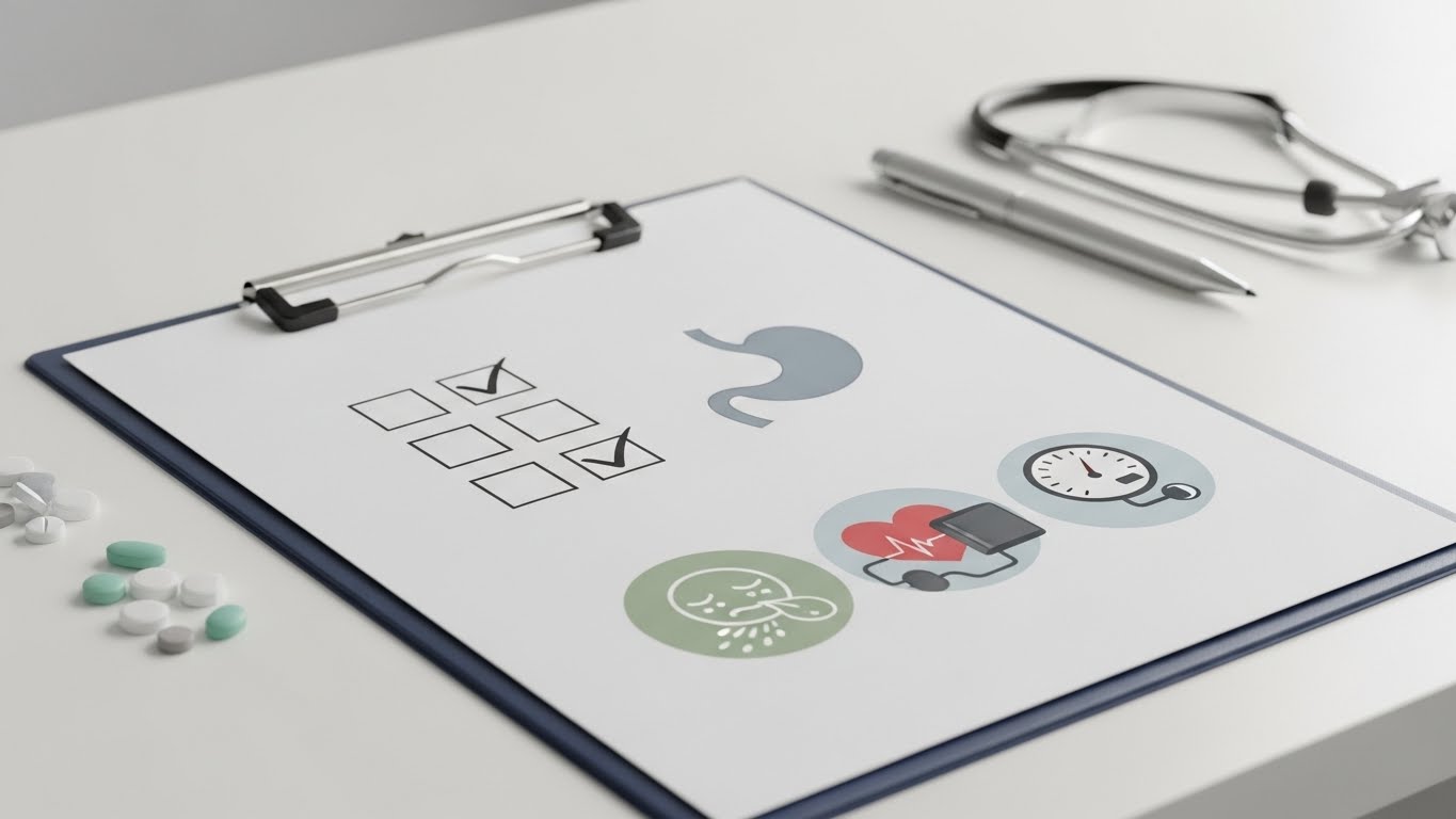 클립보드,-상징적으로-그려진-체크박스,-소화-불편감,-혈압,-경미한-알레르기-반응을-나타내는-중립-아이콘과-같은-사실적인-의료-용품들이-흰색-임상-책상-위에-배치되어-있습니다.