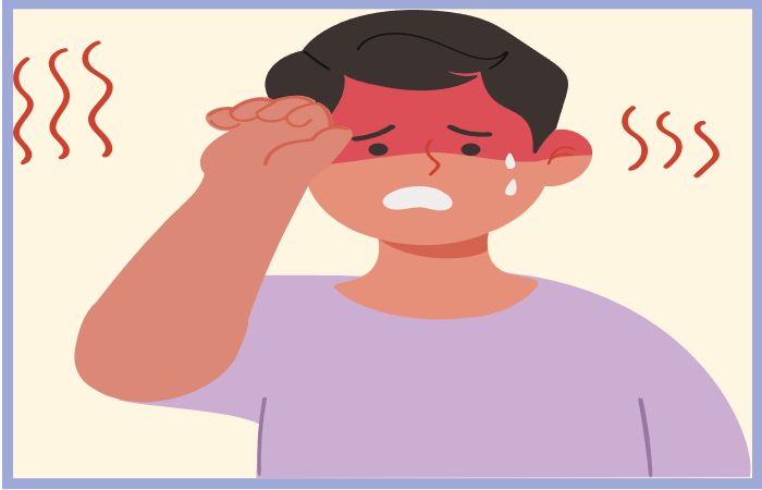 얼굴이 붉게 달아오르고 땀을 흘리는 남성&amp;#44; 폭염 속 온열질환 증상을 표현한 삽화