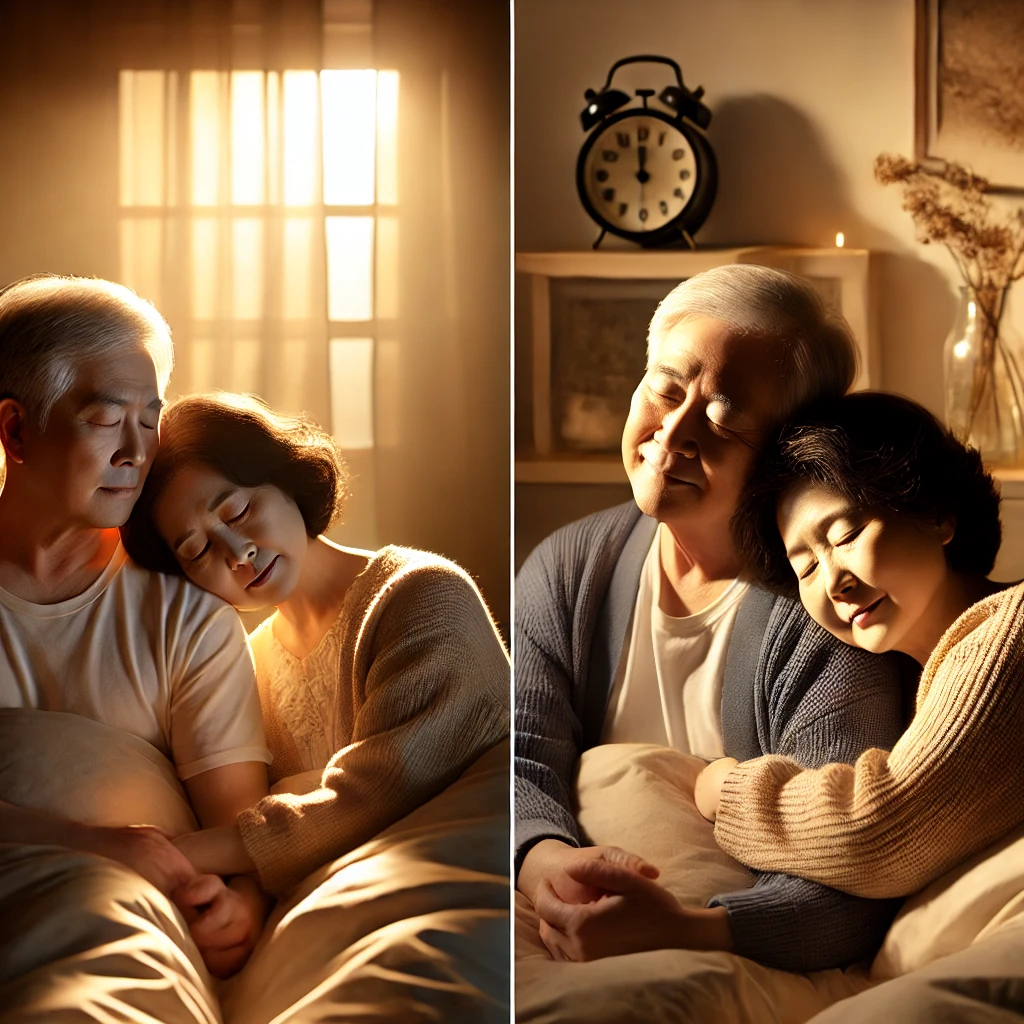 밤에 차분히 눈을 감고 있는 노부부, 햇살 가득한 침실에서 조용히 쉬는 장면