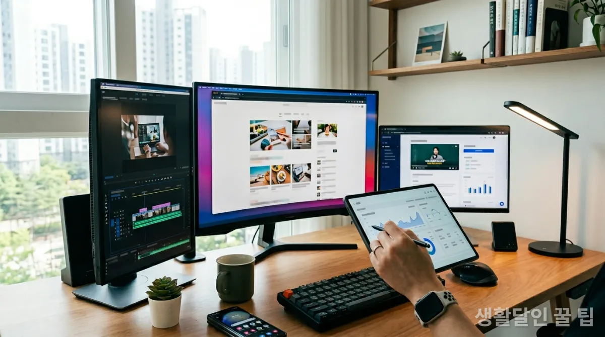 2026년 재택 부업 트렌드를 보여주는 다양한 디지털 화면과 태블릿