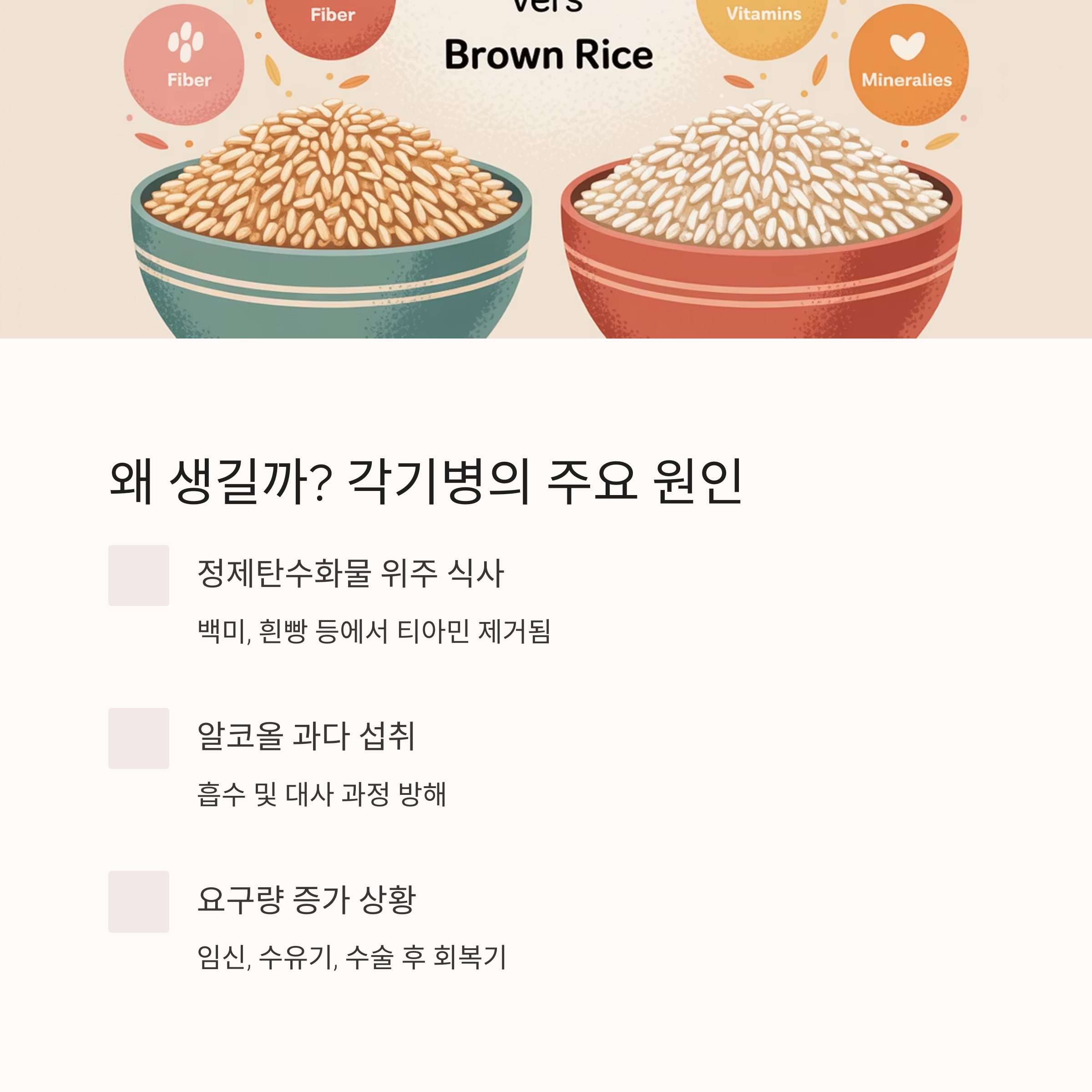 백미와 현미의 차이를 보여주며 각기병의 주요 원인(정제식, 알코올, 수요 증가)을 설명한 인포그래픽