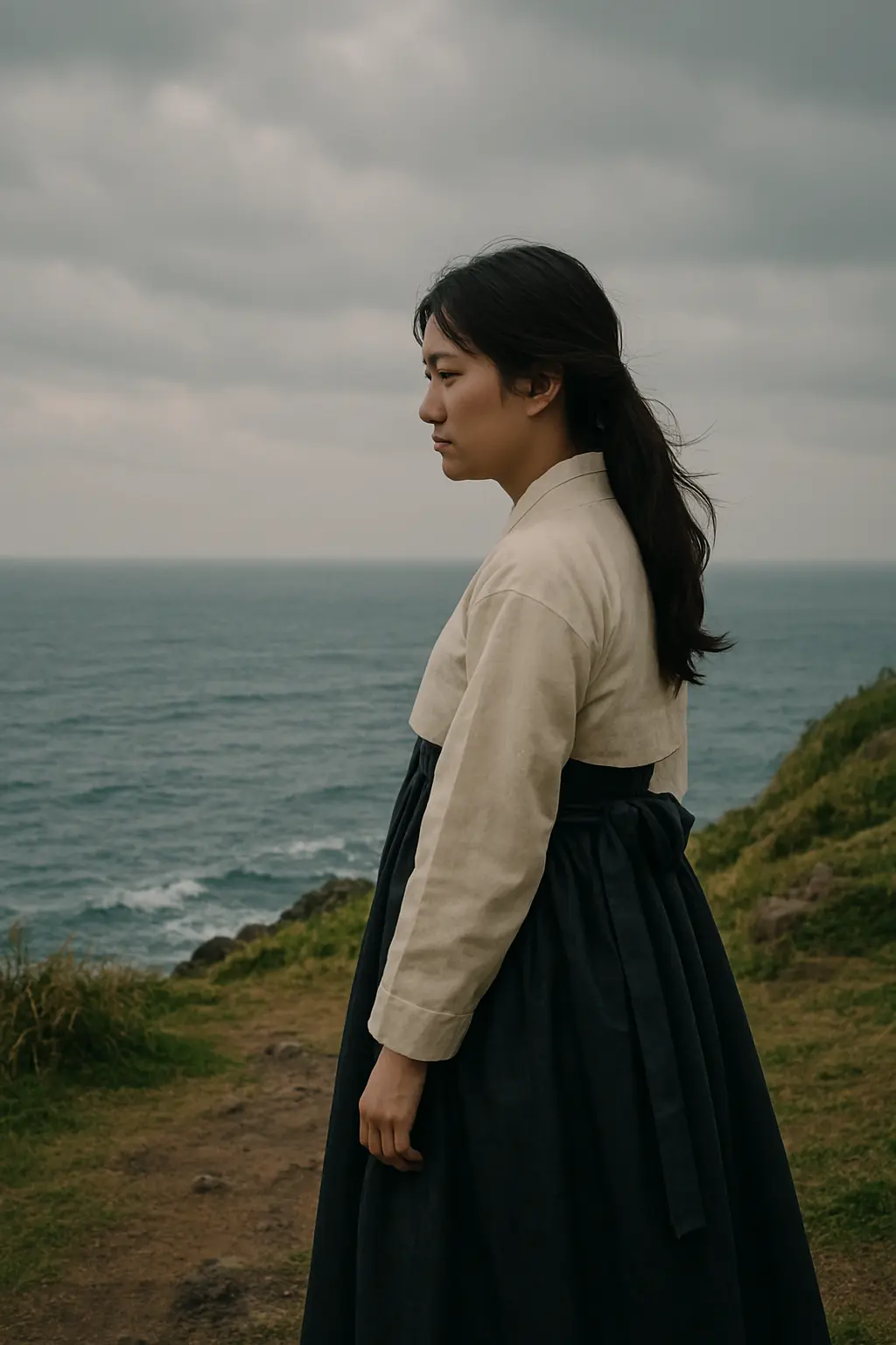 Young woman gazing at the sea in Jeju 제주 바다를 바라보는 젊은 여성의 쓸쓸한 뒷모습