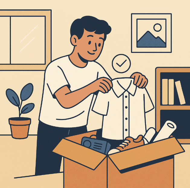 &quot;젊은 남성이 미니멀한 방 안에서 상자 속 물건들을 정리하며 흰색 셔츠를 들고 미소 짓고 있는 모습. 주변에는 책장, 화분, 산 그림이 있는 액자 등이 배치되어 있어 단순하고 정돈된 분위기를 보여준다.&quot;