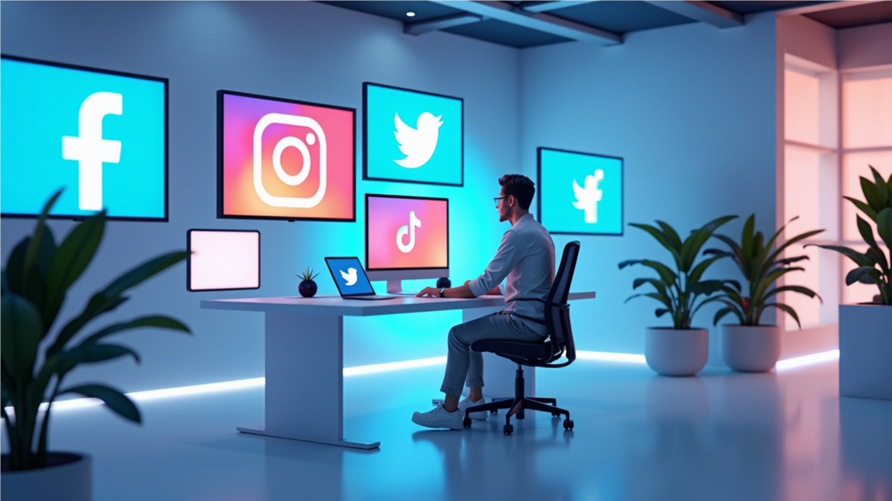 다양한 SNS 플랫폼 화면과 AI 로봇이 협업하는 미래지향적 작업 공간. 인간 콘텐츠 제작자와 AI가 함께 일하는 모습.