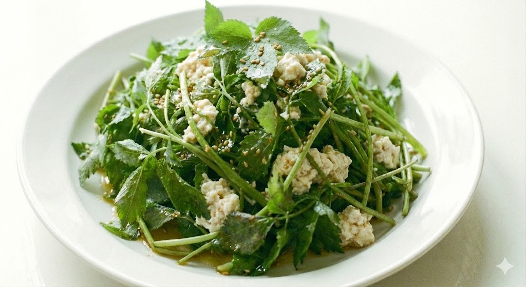 두부의 식물성 단백질이 참나물의 비타민과 결합하여 완벽한 영양 균형을 이루고 철분 흡수를 도와 빈혈을 해소하는 고단백 참나물 두부 무침