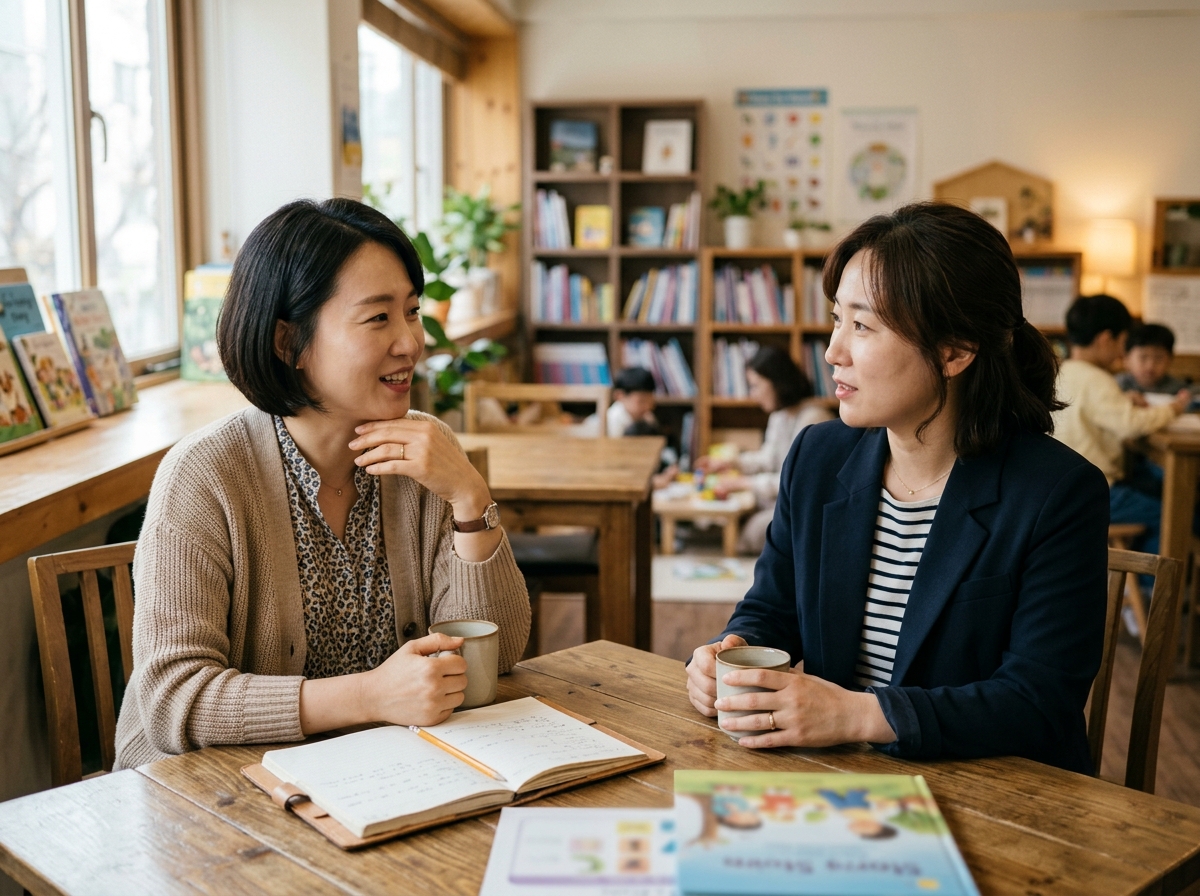 두 학부모가 자녀의 초등 영어 학습법에 대해 대화하는 모습