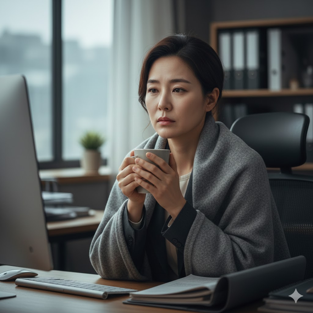 갑상선 질환 증상으로 피로감을 느끼는 40대 여성