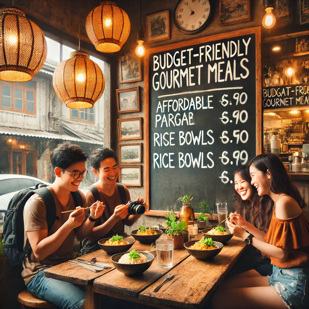 친구들과 같이 외국여행중 식사하는 모습