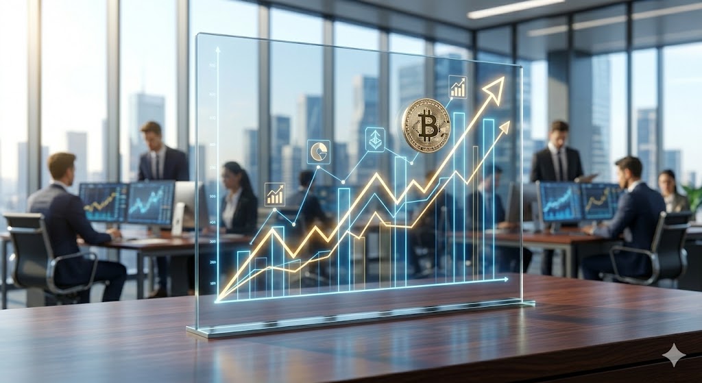 A high-resolution photo capturing a complex, futuristic financial visualization displayed on a transparent glass screen. The visualization shows an upward-trending graph for 'Advanced Bitcoin Index' using professional blue and gold lines, overlaid on a gently blurred background of a modern, high-end trading floor with professional investors working. Pure visual image, no text, no watermark.