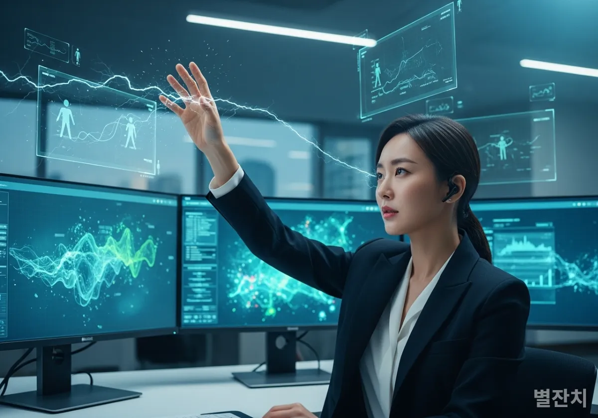 서울 사무실에서 여러 모니터를 보며 AI 에이전트를 지휘하는 한국인 여성 전문가