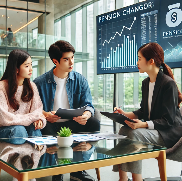 사무실에서 재정 상담사와 상담하는 젊은 커플의 모습