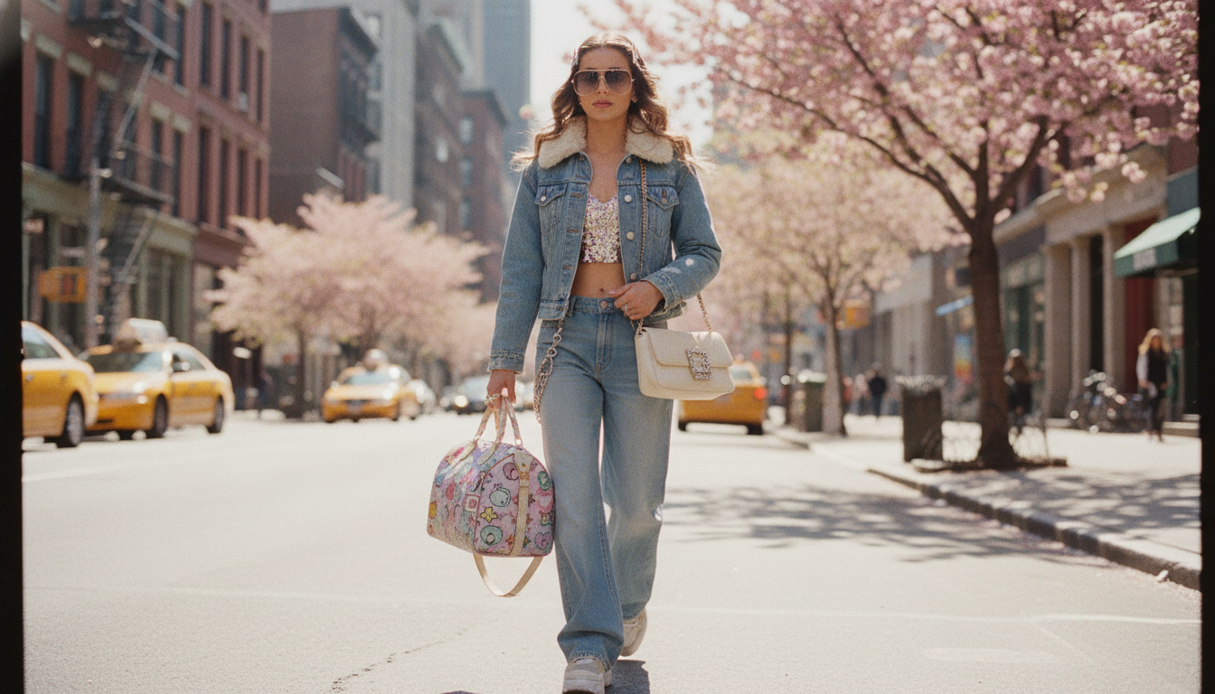 2000년대 패션 아이콘인 루이비통 무라카미 백과 펜디 바게트백을 든 여성의 화보 스타일 이미지