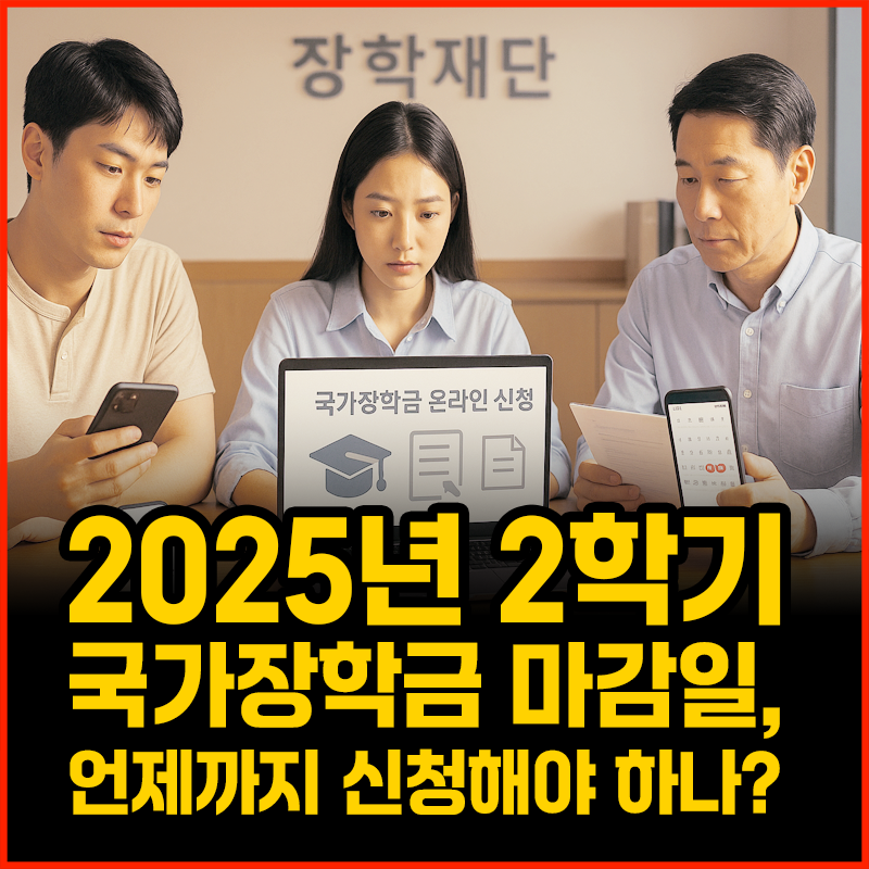 한국 대학생들이 책상에 앉아 노트북으로 국가장학금 온라인 신청을 하는 모습