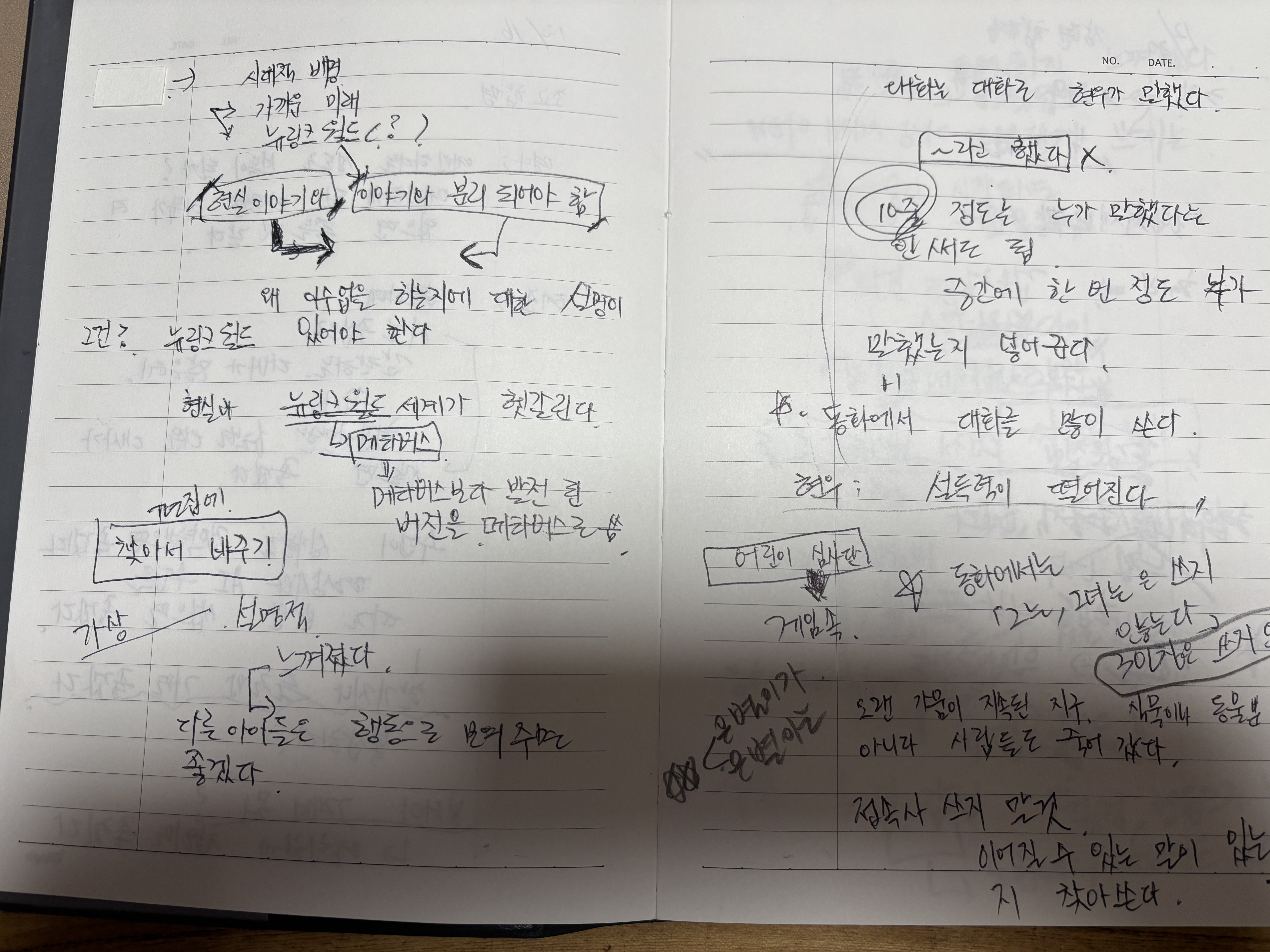 합평 의견을 들으며 화살표와 밑줄로 정리한 동화 창작 노트