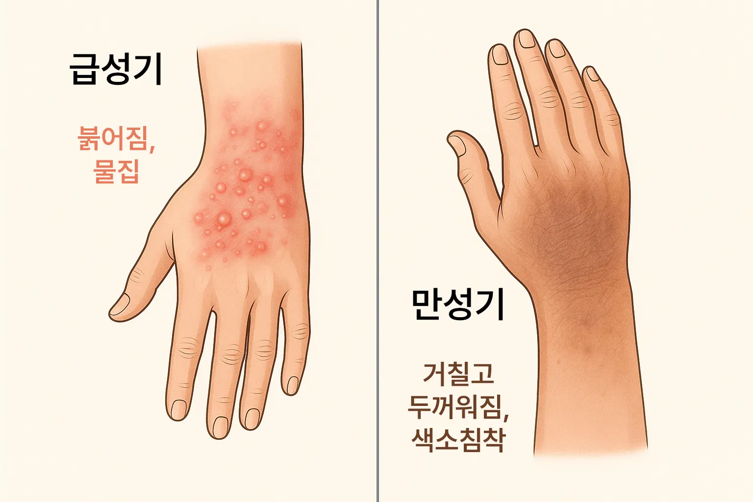 급성기: 붉고 물집이 잡힌 피부, 만성기: 거칠고 두꺼워진 피부에 색소침착이 나타난 손 이미지 비교 일러스트