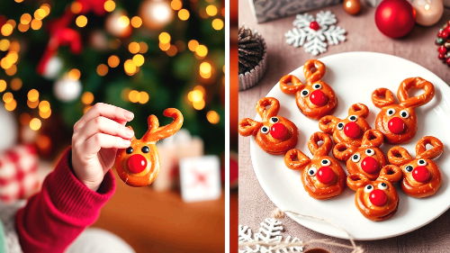 크리스마스 배경 앞에서 아이의 작은 손이 루돌프 프레첼에 빨간 코를 붙이는 모습, 또는 다양한 표정의 루돌프 프레첼들이 접시에 예쁘게 놓여있는 클로즈업 사진