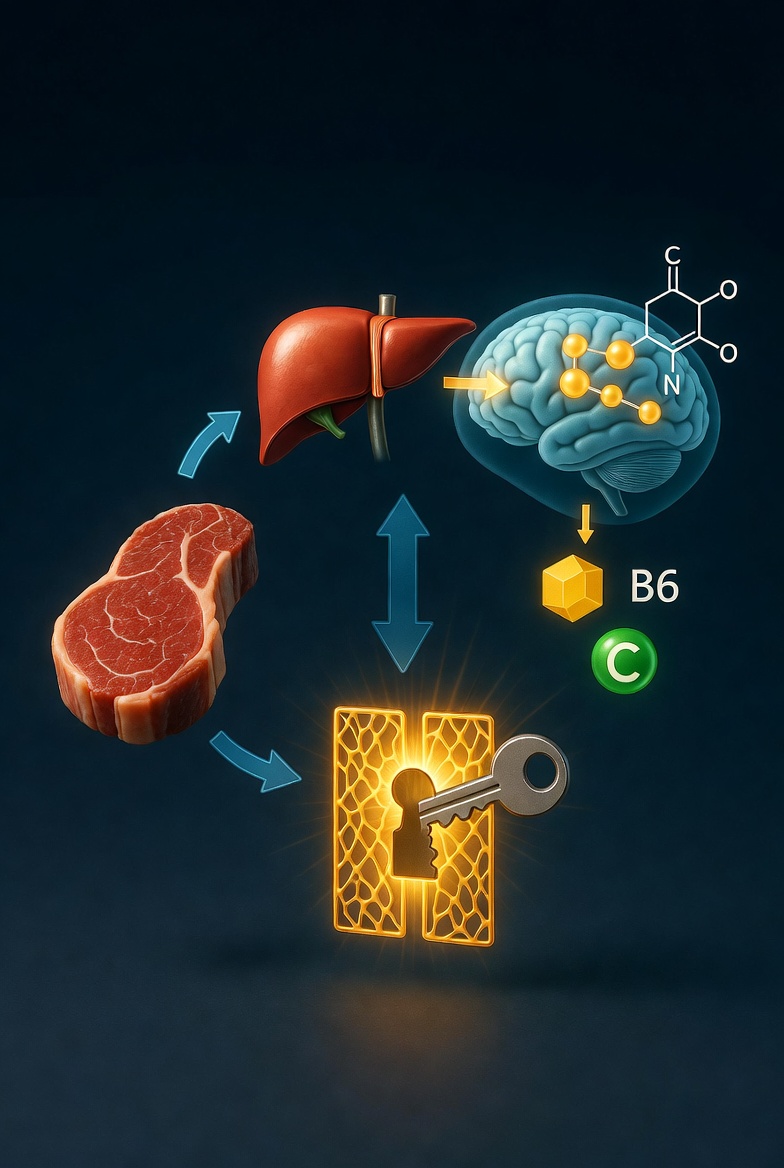 단백질 섭취를 통한 도파민 합성 기전과 인슐린이 뇌혈관 장벽의 문을 여는 과정을 시각화한 도표.