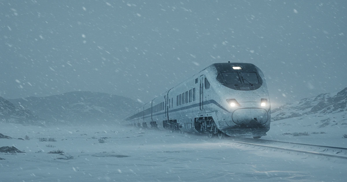 광활한 얼음 벌판 위를 달리는 디스토피아 사회가 나뉜 스노우피어서 열차 전경