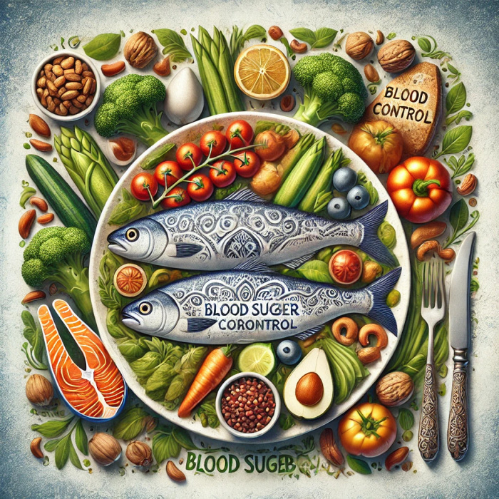 건강한 식단과 혈당 조절을 위한 추천 음식: 혈당 관리에 도움을 주는 등 푸른 생선과 견과류로 구성된 접시 이미지.