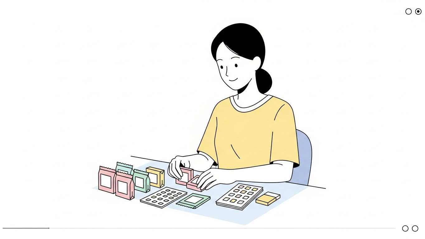 스티커와 소형 작업을 정리하는 여성의 모습, 손부업알바 종류는 생각보다 다양합니다.