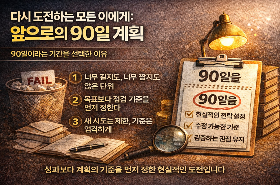 90일이라는 현실적인 기간을 선택한 이유를 설명하는 블로그 운영 계획 이미지, 실패 기록과 점검 기준을 시각화한 장면