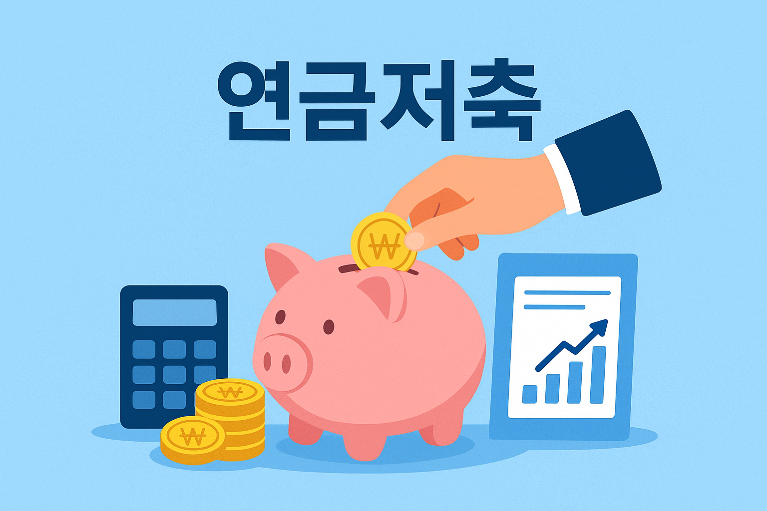 "연금저축" 홍보 이미지. 배경 중앙에 돼지 저금통이 있으며, 손이 돼지 저금통에 동전을 넣는 모습입니다. 왼쪽에는 계산기, 오른쪽에는 상승 그래프가 있는 문서가 배치되어 연금 저축을 통한 재테크를 상징합니다