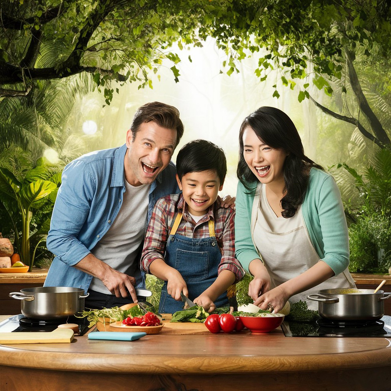 기쁘게 요리를 함께 하는 부모와 아이