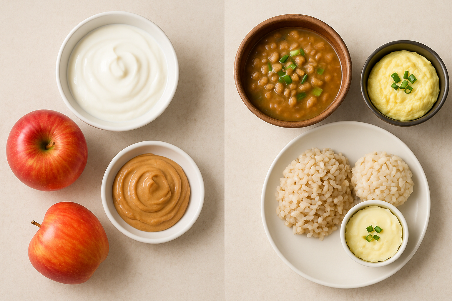 사과, 땅콩버터, 요거트 현미밥, 청국장, 계란찜
