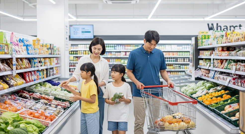 가족이 함께 마트에서 장보는 모습