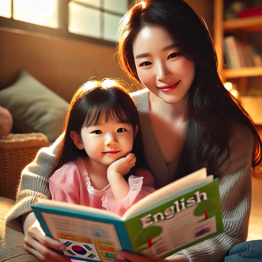 초등학생이 엄마와 영어책을 보는 모습