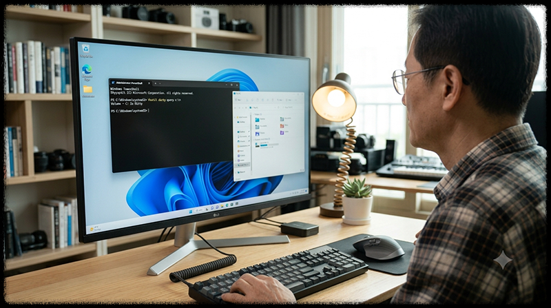 Windows 11에서 fsutil dirty query 명령으로 C 드라이브 Dirty Bit 상태를 확인하는 모습