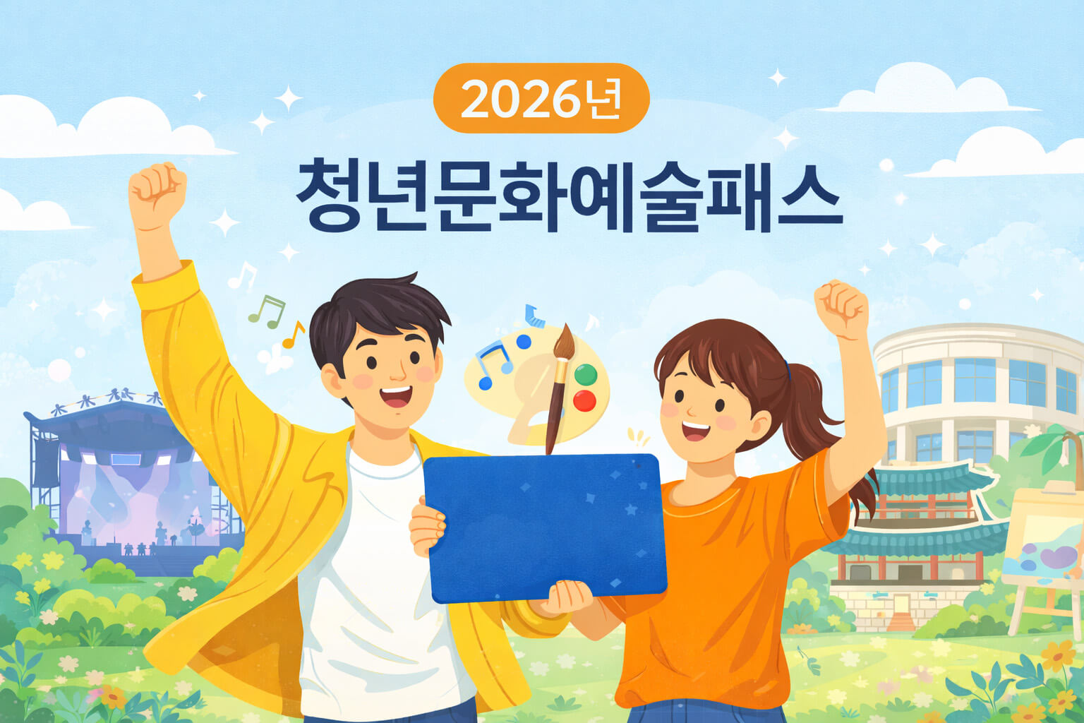 2026년 청년문화예술패스 일러스트 청년들이 문화예술 혜택 카드를 들고 있는 심플한 안내 이미지