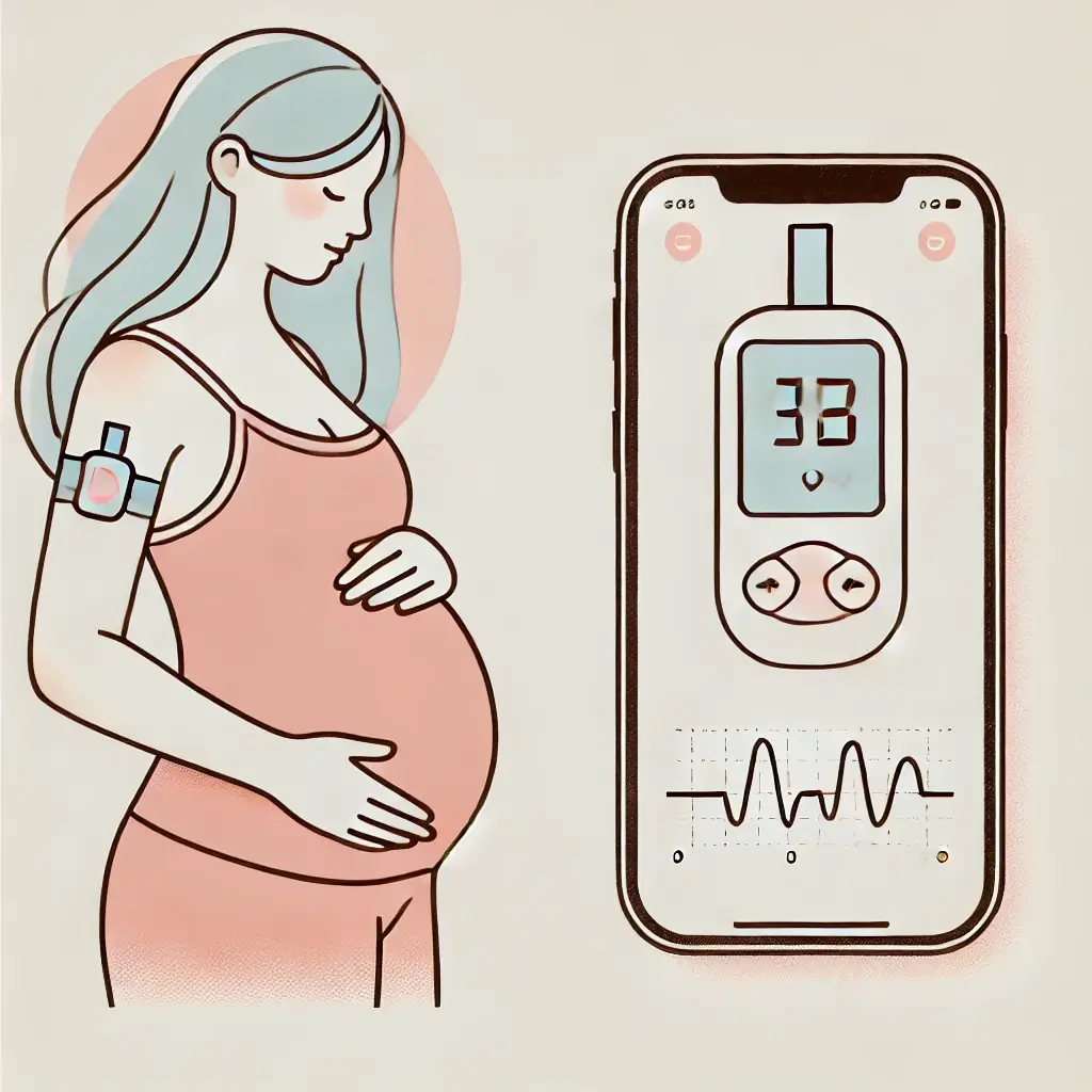 연속혈당측정기를 착용한 임산부와 스마트폰 화면