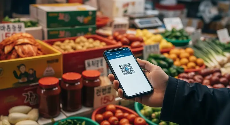 전통시장 채소가게에서 스마트폰으로 상생페이백 QR코드를 결제하는 모습
