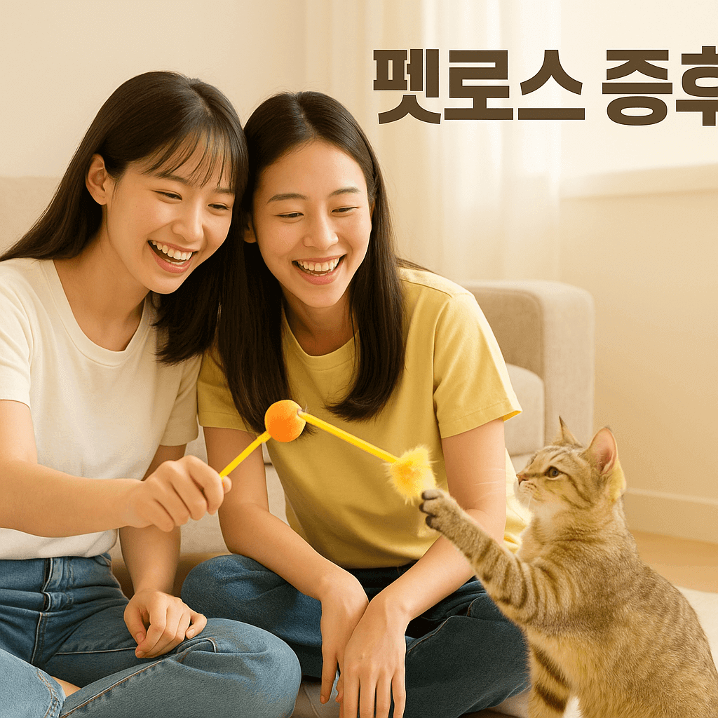 고양이와 즐겁게 놀고 있는 자매