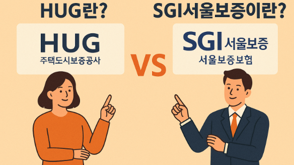 HUG와 SGI서울보증의 전세보증금 반환보험 비교 인포그래픽. 보증료율, 대상, 가입방식 등을 표로 정리해주는 일러스트형 비교자료.