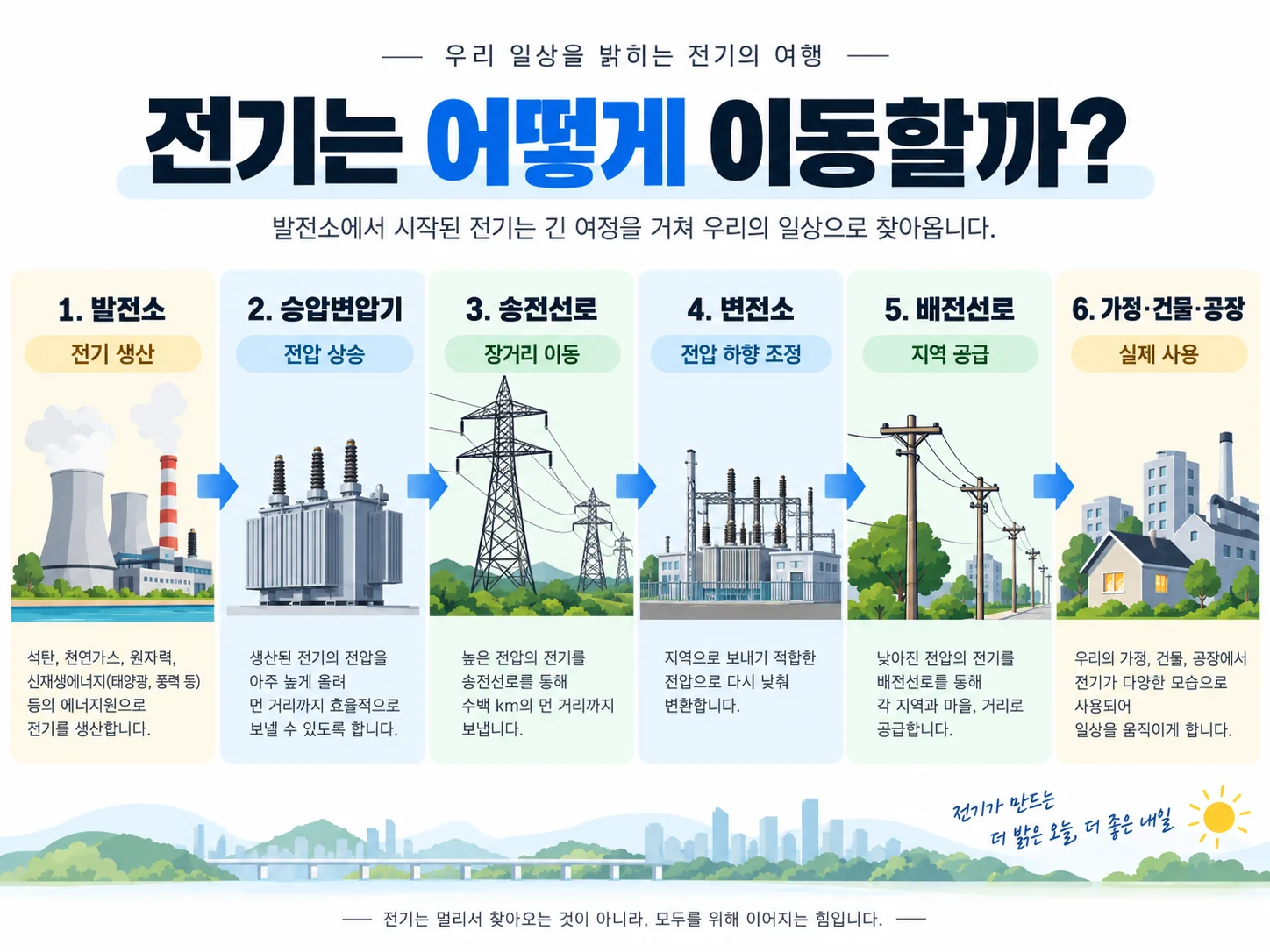 발전소에서 가정과 공장까지 전기가 이동하는 과정